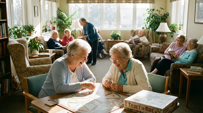 Zwei fröhliche Seniorinnen spielen in einem lichtdurchfluteten Raum einer Pflegeeinrichtung ein Brettspiel. Im Hintergrund sind unscharf weitere Gäste und bequeme Ruhesessel zu erkennen.