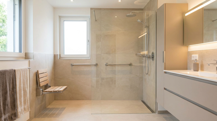 Ein modernes, helles Badezimmer mit einer bodengleichen Dusche und dezenten Haltegriffen. Ein sicherer, eleganter Duschklappsitz ist an der Wand montiert, alles wirkt sauber, sicher und einladend.