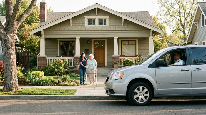 Eine fürsorgliche Pflegerin begleitet eine fröhliche ältere Dame mit Rollator aus ihrer Haustür zu einem wartenden Transportfahrzeug. Warme morgendliche Atmosphäre, saubere Umgebung, realistische Fotografie.