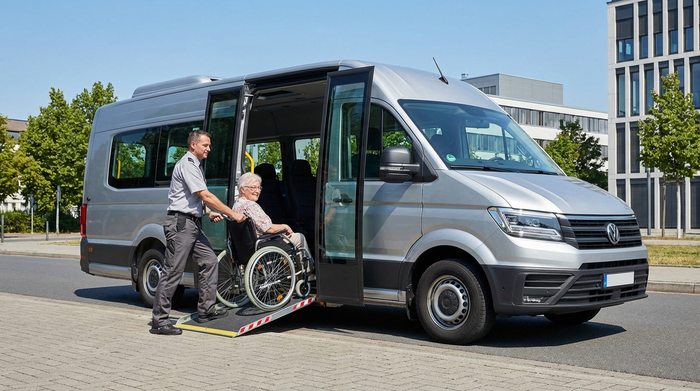 Ein moderner, geräumiger Kleinbus mit einer ausgefahrenen, stabilen Rampe am Heck. Ein geschulter Fahrer schiebt einen älteren Fahrgast im Rollstuhl sicher und professionell in das Fahrzeug. Sonniges Wetter, klare Details, keine Beschriftungen.