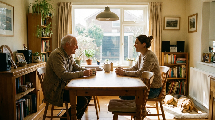 Eine erwachsene Tochter und ihr älterer Vater sitzen entspannt am heimischen Esstisch und trinken Kaffee. Sie lächeln und wirken erleichtert, während helles Sonnenlicht durch das Fenster fällt. Gemütliche, aufgeräumte Wohnatmosphäre.