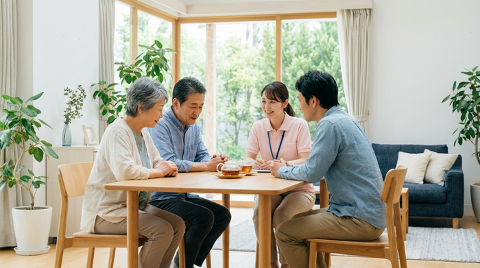 Ein freundliches Beratungsgespräch in einem hellen, modernen Büro einer Pflegeeinrichtung. Eine Beraterin erklärt einer älteren Dame und ihrem Sohn geduldig den Ablauf. Vertrauensvolle Stimmung, keine sichtbaren Texte oder Diagramme.