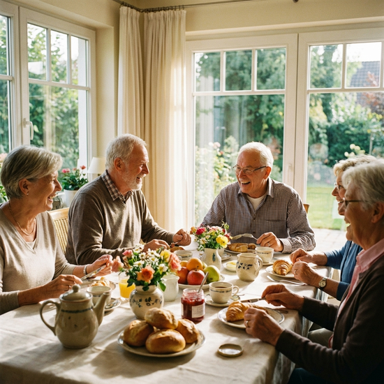 Senioren sitzen fröhlich zusammen an einem liebevoll gedeckten Frühstückstisch in einem hellen Raum, essen frische Brötchen und unterhalten sich angeregt. Realistische Szene mit warmen Farben.