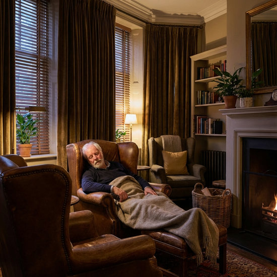 Ein komfortabler Ruheraum mit gemütlichen Sesseln, weichem Licht und Verdunkelungsmöglichkeiten. Ein älterer Herr ruht sich friedlich aus und hält einen Mittagsschlaf.