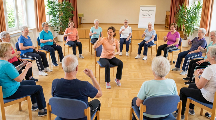 Eine Gruppe älterer Menschen sitzt im Kreis und macht leichte Gymnastikübungen im Sitzen. Eine freundliche Trainerin in der Mitte macht die Bewegungen motivierend vor.