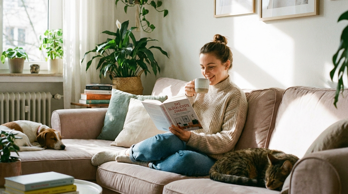 Eine entspannte jüngere Frau trinkt in Ruhe eine Tasse Kaffee auf ihrem heimischen Sofa, während sie ein Buch liest. Friedliche, stressfreie Stimmung im Wohnzimmer.