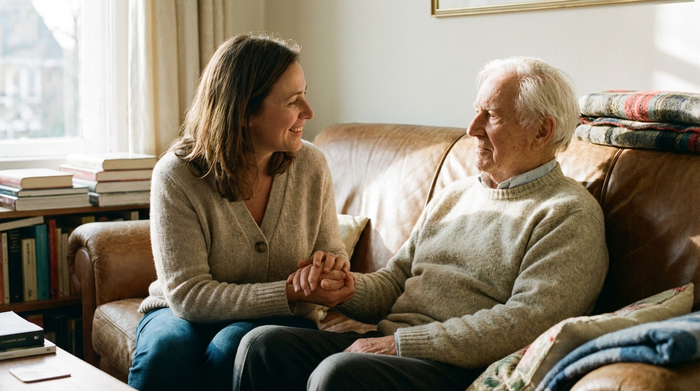 Eine erwachsene Tochter spricht liebevoll und beruhigend mit ihrem älteren Vater, der neben ihr auf einem gemütlichen Sofa sitzt. Vertrauensvolle, einfühlsame Atmosphäre.