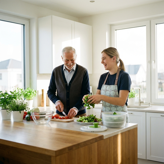 Ein gepflegter älterer Herr und eine junge, freundliche Alltagsbegleiterin bereiten gemeinsam in einer hellen, modernen Küche einen frischen Salat zu. Beide lächeln und wirken entspannt.