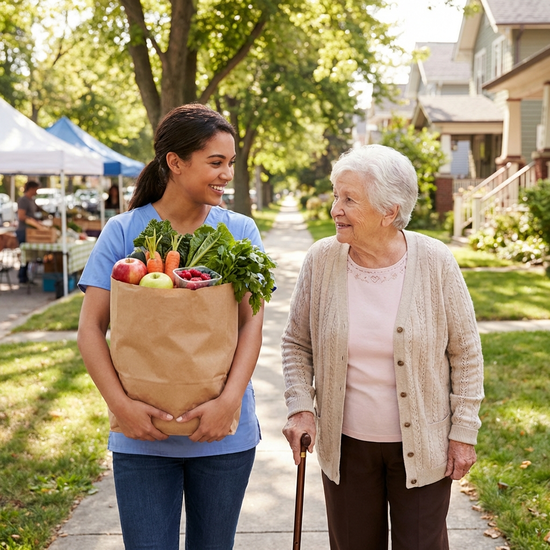 Eine hilfsbereite Assistentin trägt behutsam eine Einkaufstasche mit frischem Gemüse und Obst für eine Seniorin, die neben ihr mit einem Gehstock auf einem sonnigen Gehweg spaziert.