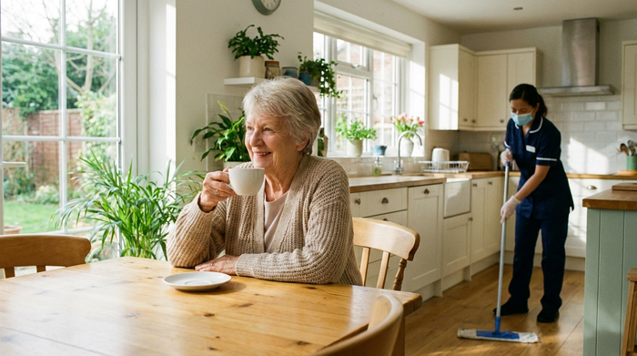 Eine ältere Dame sitzt entspannt am Küchentisch und trinkt Kaffee, während im Hintergrund eine Reinigungskraft unauffällig und professionell den Boden wischt. Helles, aufgeräumtes Ambiente.