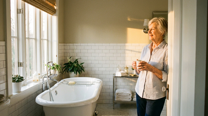 Eine Seniorin betrachtet lächelnd ein aufgeräumtes, blitzblankes Badezimmer. Durch das Fenster fällt warmes Sonnenlicht, das die sauberen Fliesen beleuchtet.