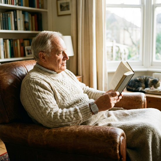 Ein unauffälliger, moderner Hausnotruf-Knopf am Handgelenk eines Senioren, der entspannt in einem Sessel ein Buch liest. Fokus auf Sicherheit und Gemütlichkeit.