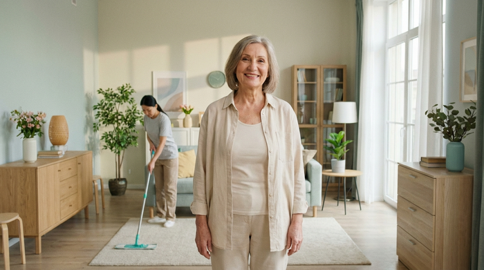 Eine rüstige Seniorin steht lächelnd in ihrem sauberen, lichtdurchfluteten Wohnzimmer, während im Hintergrund eine Putzkraft diskret den Boden wischt. Helle Farben, saubere Umgebung, realistische Alltagsszene ohne Text.