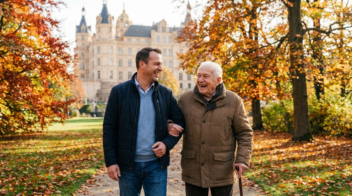 Ein engagierter Seniorenassistent geht gemeinsam mit einem älteren Herrn im herbstlichen Schlosspark spazieren. Beide lachen und genießen die frische Luft. Warme Herbstfarben, klare Umgebung, realistische Fotografie.