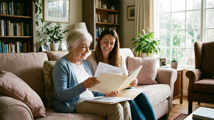Eine ältere Dame und ihre Tochter sitzen entspannt auf dem Sofa und schauen sich gemeinsam Dokumente in einer Mappe an. Vertrauensvolle Stimmung, helles Wohnzimmer, realistische Szene ohne lesbaren Text.