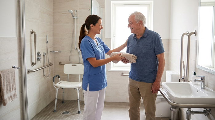 Eine fürsorgliche Betreuungskraft reicht einem Senior ein Handtuch in einem modernen, barrierefreien Badezimmer. Helle Fliesen, sichere Umgebung mit Haltegriffen, respektvolle und realistische Darstellung.