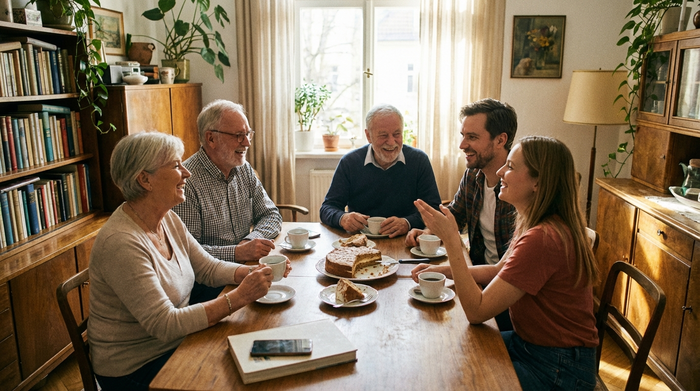 Eine Familie sitzt harmonisch bei Kaffee und Kuchen am Esstisch und bespricht entspannt die Zukunft. Ein älteres Ehepaar und ihre erwachsenen Kinder. Fröhliche, unbeschwerte Stimmung in einem gemütlichen Esszimmer.