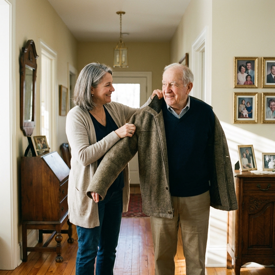 Eine fürsorgliche Betreuungskraft hilft einem älteren Herrn beim Anziehen einer warmen Jacke im Flur eines gepflegten Hauses. Beide lächeln sich freundlich an, die Szene wirkt respektvoll und harmonisch.