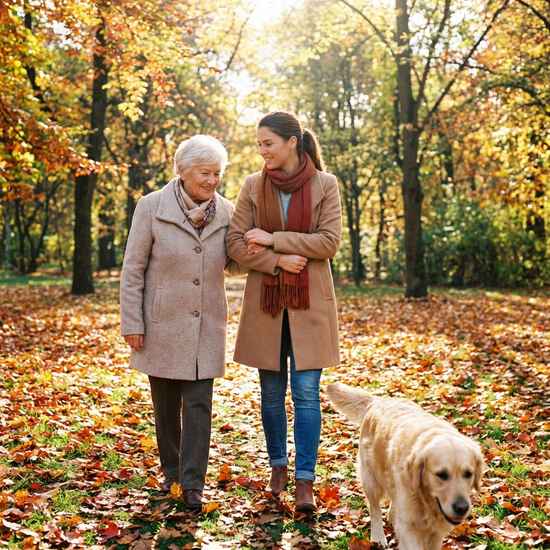Eine Betreuungskraft und eine Seniorin spazieren an einem sonnigen Herbsttag durch einen sauberen, grünen Park. Die Seniorin stützt sich leicht auf den Arm der jüngeren Frau.