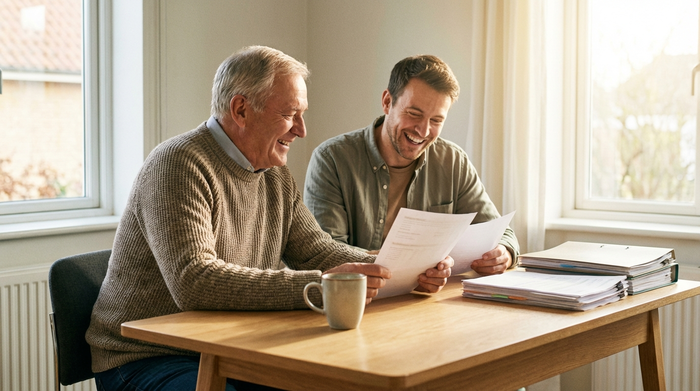 Ein erwachsener Sohn sitzt mit seinem älteren Vater an einem aufgeräumten Schreibtisch. Sie besprechen entspannt Dokumente. Eine Kaffeetasse steht auf dem Tisch, die Stimmung ist erleichtert und positiv.