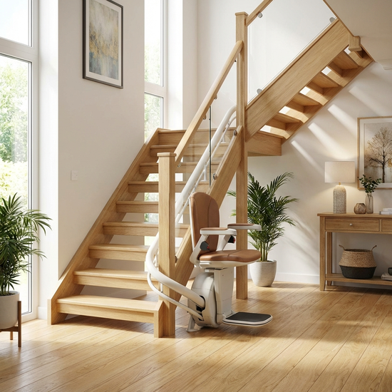 Ein moderner, bequemer Treppenlift ist an einer hellen Holztreppe in einem gepflegten Einfamilienhaus montiert. Das Treppenhaus ist gut beleuchtet und einladend.