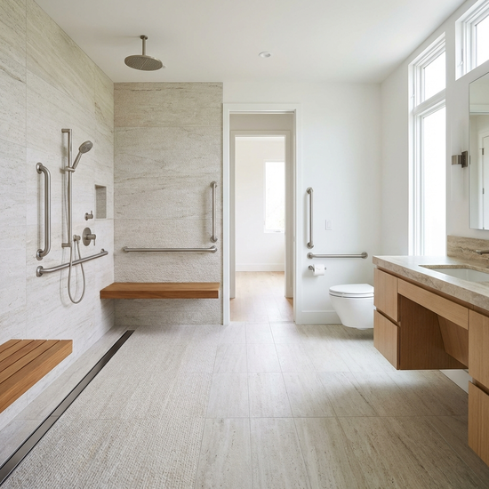 Ein geräumiges, modernes Badezimmer mit einer bodengleichen Dusche, rutschfesten Fliesen und eleganten Haltegriffen. Die Einrichtung ist hell, sauber und barrierefrei.