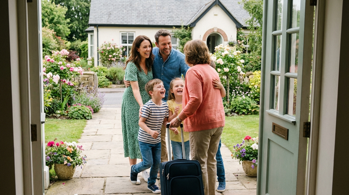 Eine Familie steht erwartungsvoll und freudig an der geöffneten Haustür und begrüßt herzlich eine sympathische Frau mit einem Rollkoffer. Im Hintergrund sieht man einen gepflegten Vorgarten.