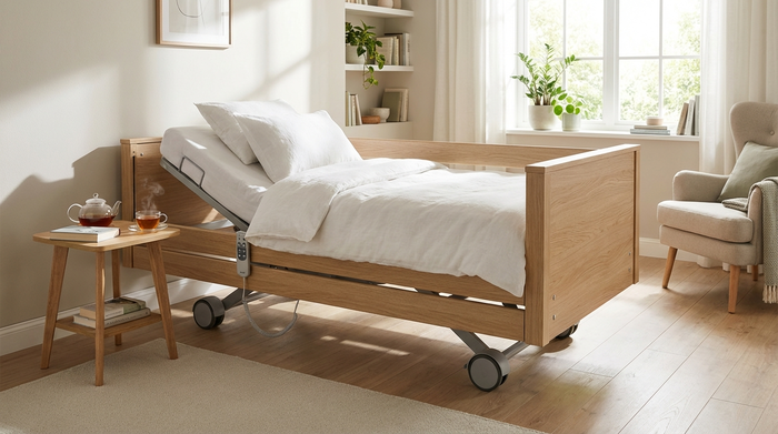 Ein modernes, höhenverstellbares Pflegebett in einem gemütlichen, gut beleuchteten Raum. Das Bett hat eine stilvolle Holzverkleidung und weiche, weiße Bettwäsche. Ein kleiner Beistelltisch mit einer Tasse Tee steht daneben. Realistische, saubere Umgebung ohne Text.