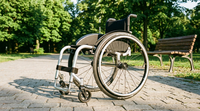 Ein leichter, moderner Aktivrollstuhl aus Aluminium steht auf einem gepflasterten Weg in einem sonnigen Park. Im Hintergrund sind grüne Bäume und eine Parkbank zu sehen. Scharfe Details, realistische Beleuchtung, keine Schriften oder Logos.