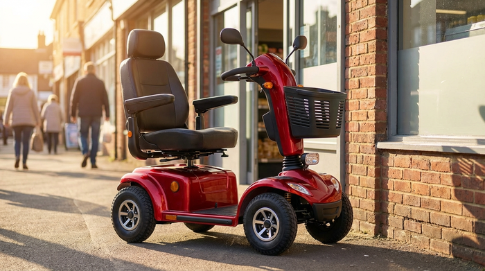 Ein rotes, vierrädriges Elektromobil für Senioren steht sicher geparkt vor einem kleinen Supermarkt an einem sonnigen Nachmittag. Das Mobil sieht gepflegt und modern aus. Im Hintergrund sind unscharf Passanten zu erkennen. Keine Logos oder Texte.