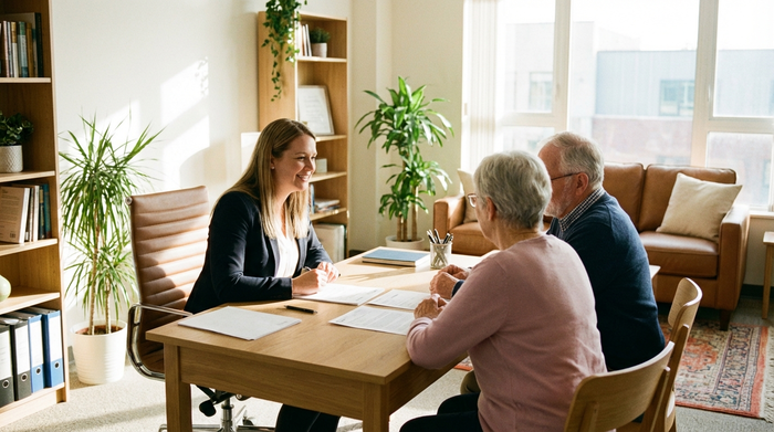 Eine freundliche Beraterin in einem hellen Büro sitzt einem älteren Ehepaar gegenüber. Sie besprechen Dokumente an einem aufgeräumten Schreibtisch. Warme Atmosphäre, professionelles und hilfsbereites Auftreten. Realistische Fotografie, keine lesbaren Texte.