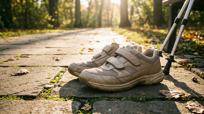 Nahaufnahme von bequemen, stützenden Senioren-Schuhen auf einem gepflegten Gehweg im Park, sanftes Sonnenlicht.