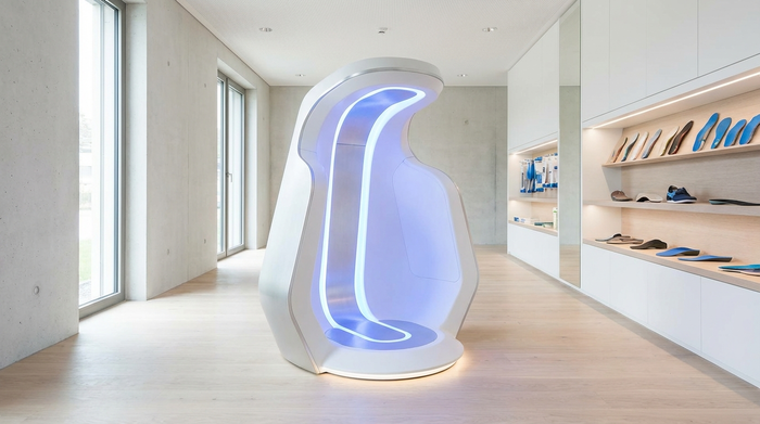 Ein moderner, leuchtender 3D-Fußscanner in einem hellen, sauberen Sanitätshaus. Keine sichtbaren Bildschirminhalte oder Texte, Fokus auf die technische und hygienische Umgebung.