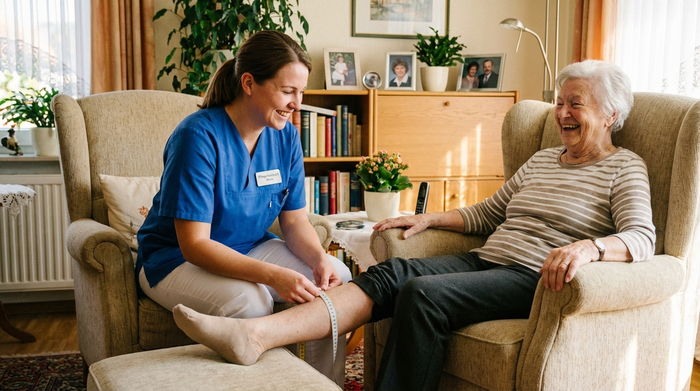 Eine freundliche Fachkraft misst mit einem Maßband behutsam den Unterschenkel einer älteren Dame in einem gemütlichen, gut beleuchteten Raum.