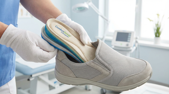 Eine extrem weiche, mehrschichtige orthopädische Einlegesohle wird schonend in einen weiten, bequemen Spezialschuh gelegt. Hell und hygienisch.