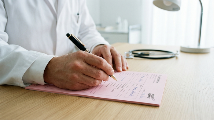 Eine Nahaufnahme der Hände eines Arztes im weißen Kittel, der mit einem edlen Kugelschreiber ein rosa Formular auf einem sauberen Schreibtisch ausfüllt. Helles, steriles Arztpraxis-Umfeld, weicher Hintergrund.