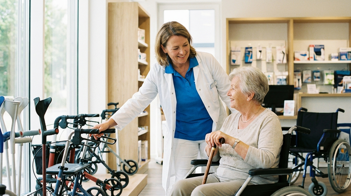 Eine freundliche Sanitätshaus-Mitarbeiterin in gepflegter Arbeitskleidung berät eine ältere Dame in einem hellen, aufgeräumten Verkaufsraum. Im Hintergrund sind unscharf verschiedene Mobilitätshilfen erkennbar. Positive, zugewandte Körpersprache.