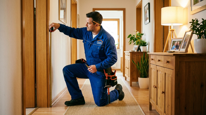 Ein kompetenter Techniker in blauer Arbeitskleidung misst mit einem Maßband den Türrahmen in einem gemütlichen, gut beleuchteten Flur einer Privatwohnung aus. Professionelle und ordentliche Szene.