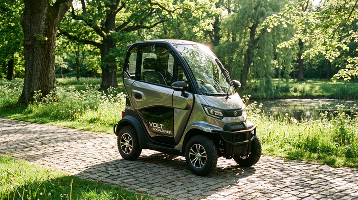 Ein robuster, moderner Elektromobil-Scooter steht geparkt auf einem gepflasterten Weg in einem sonnigen, grünen Park. Glänzende Oberfläche, klares Design, keine Menschen im Bild, ruhige Naturkulisse.