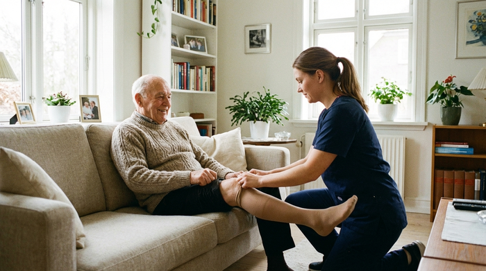 Ein älterer Herr sitzt entspannt auf einem Sofa, während eine Pflegekraft ihm behutsam medizinische Kompressionsstrümpfe anzieht. Helles, aufgeräumtes Wohnzimmer.