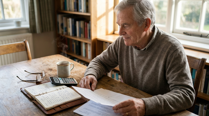 Ein Notizblock, ein Taschenrechner und eine Brille liegen auf einem Holztisch neben einer Tasse Tee. Ein Senior betrachtet nachdenklich, aber entspannt die Unterlagen.