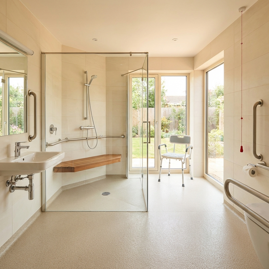 Ein modernes, barrierefreies Badezimmer mit einer großzügigen, ebenerdigen Dusche, Haltegriffen an den Wänden und einem rutschfesten Boden. Helle Fliesen und viel Tageslicht.