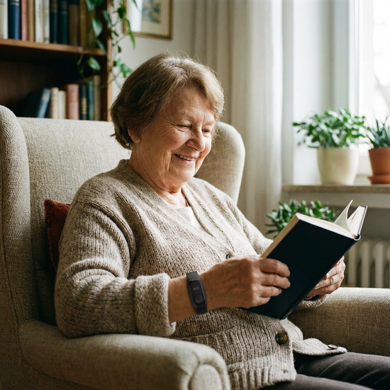 Ein unauffälliger, moderner Hausnotruf-Knopf am Handgelenk einer älteren Dame, die entspannt ein Buch in ihrem Sessel liest.
