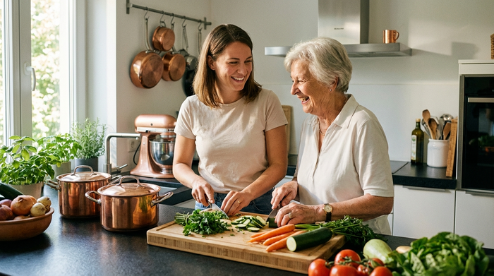 Eine sympathische Betreuungskraft kocht gemeinsam mit einer älteren Dame in einer sauberen, gut ausgestatteten Küche. Beide lachen und schneiden frisches Gemüse.
