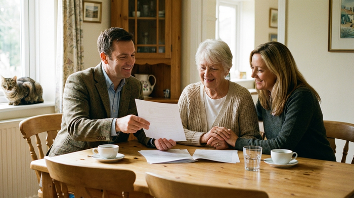 Ein freundlicher Gutachter sitzt mit einer Seniorin und ihrer Tochter am Esstisch. Sie besprechen ruhig Dokumente. Vertrauensvolle und entspannte Stimmung.