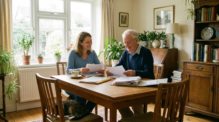Eine entspannte Tochter sitzt mit ihrem älteren Vater am Esstisch, beide lächeln, während sie gemeinsam Papiere sortieren. Gemütliche, aufgeräumte häusliche Umgebung mit weichem Tageslicht.