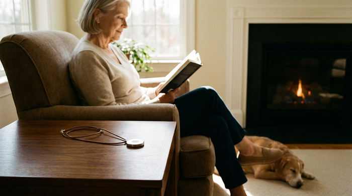 Ein moderner, unauffälliger Hausnotruf-Sender liegt griffbereit auf einem eleganten Holztisch neben einem gemütlichen Sessel. Im Hintergrund sitzt eine friedlich lesende ältere Person in weichem Licht.
