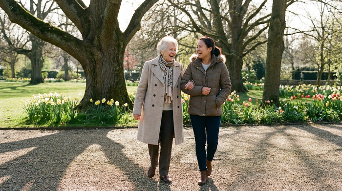 Eine engagierte Betreuungskraft und eine Seniorin spazieren gemeinsam lachend durch einen gepflegten Park mit großen Bäumen. Die Seniorin stützt sich leicht auf den Arm der jüngeren Frau bei sonnigem Frühlingswetter.