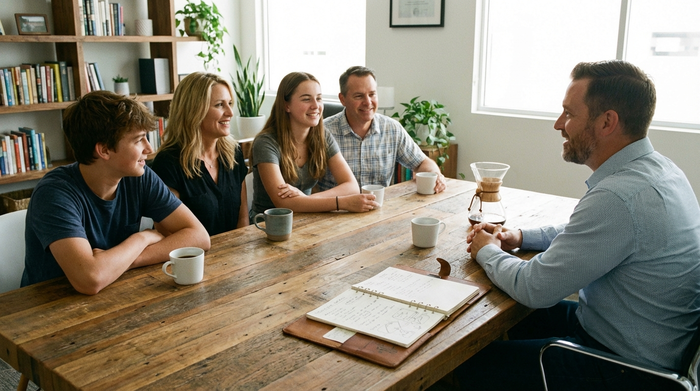 Eine Familie sitzt gemeinsam mit einem einfühlsamen Berater an einem modernen Holztisch. Die Stimmung ist konzentriert aber entspannt. Auf dem Tisch stehen Kaffeetassen und ein aufgeschlagenes Notizbuch.