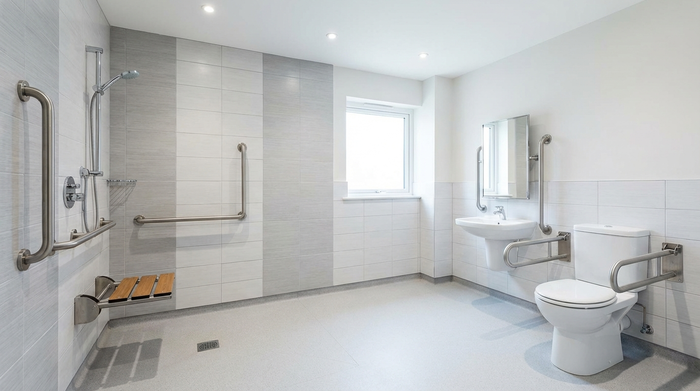 Ein modernes, hell gefliestes und komplett barrierefreies Badezimmer mit einer großen, bodengleichen Dusche. An der Wand sind stabile Haltegriffe und ein klappbarer Duschsitz angebracht. Der Raum ist sauber und gut beleuchtet.